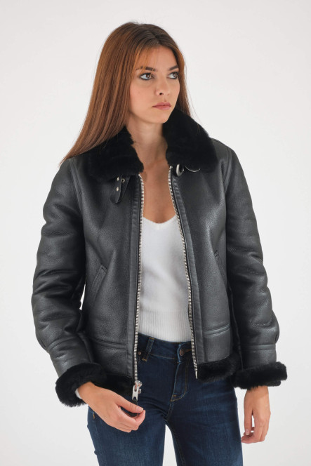 Bombardier SCHOTT peau lainée col mouton couleur noir LCW1257 Noir