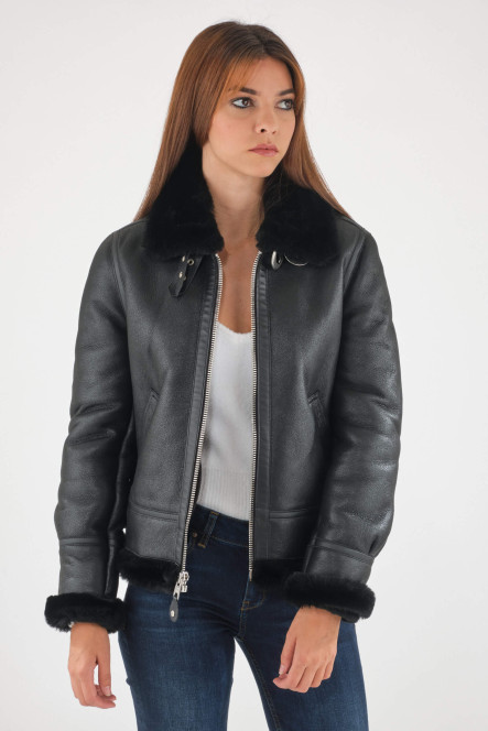 Bombardier SCHOTT peau lainée col mouton couleur noir LCW1257 Noir
