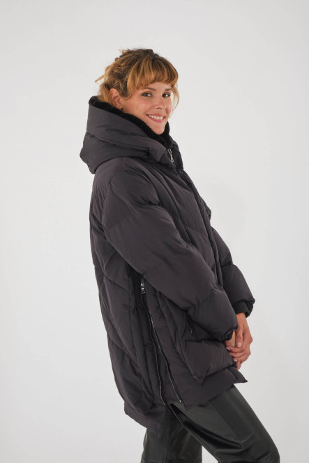 Doudoune chaude mi-longue noire à capuche BLONDE N°8 FROST Noir DTM 2020