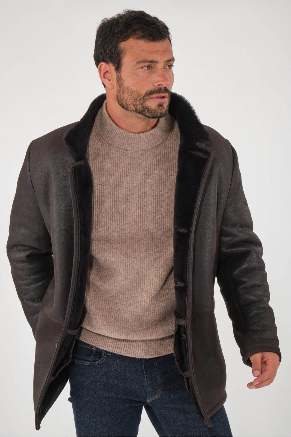 Manteau Court Vintage En Véritable Peau Lainée - Taille 40/42 - Marron - Occasion Très Bon état