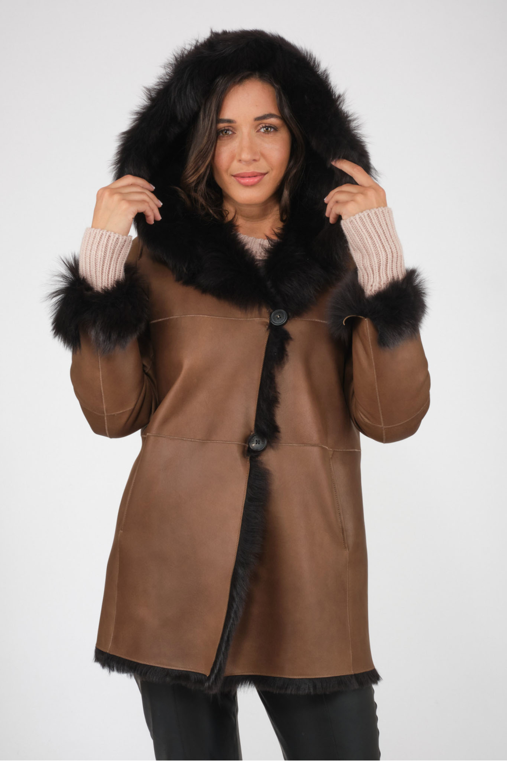 Manteau En Peau Lainée D'agneau De Toscane Noir GIORGIO Cuirs - Taille 38, Occasion Très Bon état